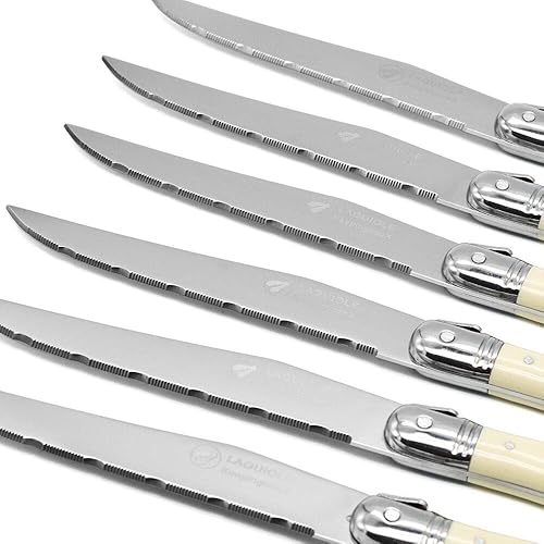Miniatura 4 de KeepingcooX Laguiole - Cuchillo para carne con mango de marfil, hoja dentada, vajilla de acero inoxidable, cubiertos, juego de 6, caja de regalo,