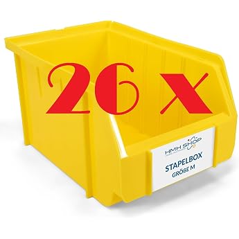 HMH 26 x Stacking Boxes Size M Workshop Garage Cellar Storage Boxes 230 x 150 x 130 mm Yellow Storage Boxes Small Parts Storage Boxes