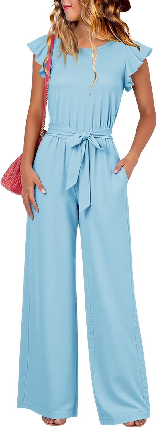 Yoklass Jumpsuit for Girls Casual Cap Sleeve Romper Belted Wide Leg One Piece Outfit - Image 4