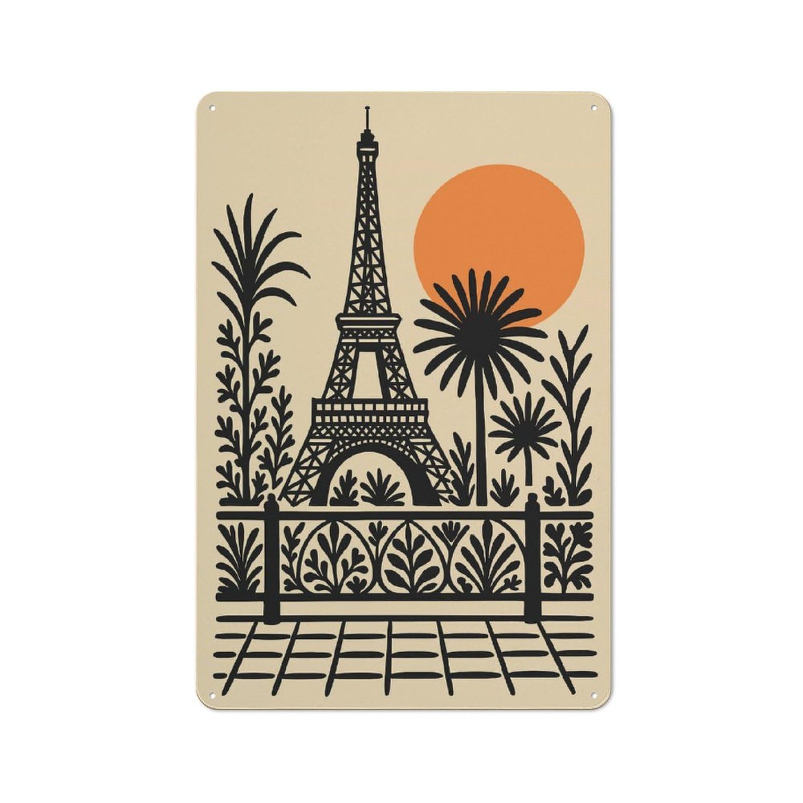 Junmoney Style-3 For Living Room Or Hallway, Eiffel Tower Illustration With Tropical Plants Vintage Metal Sign 30X20cm, For Metal Sign Collectors, For Garage And Workshop Walls