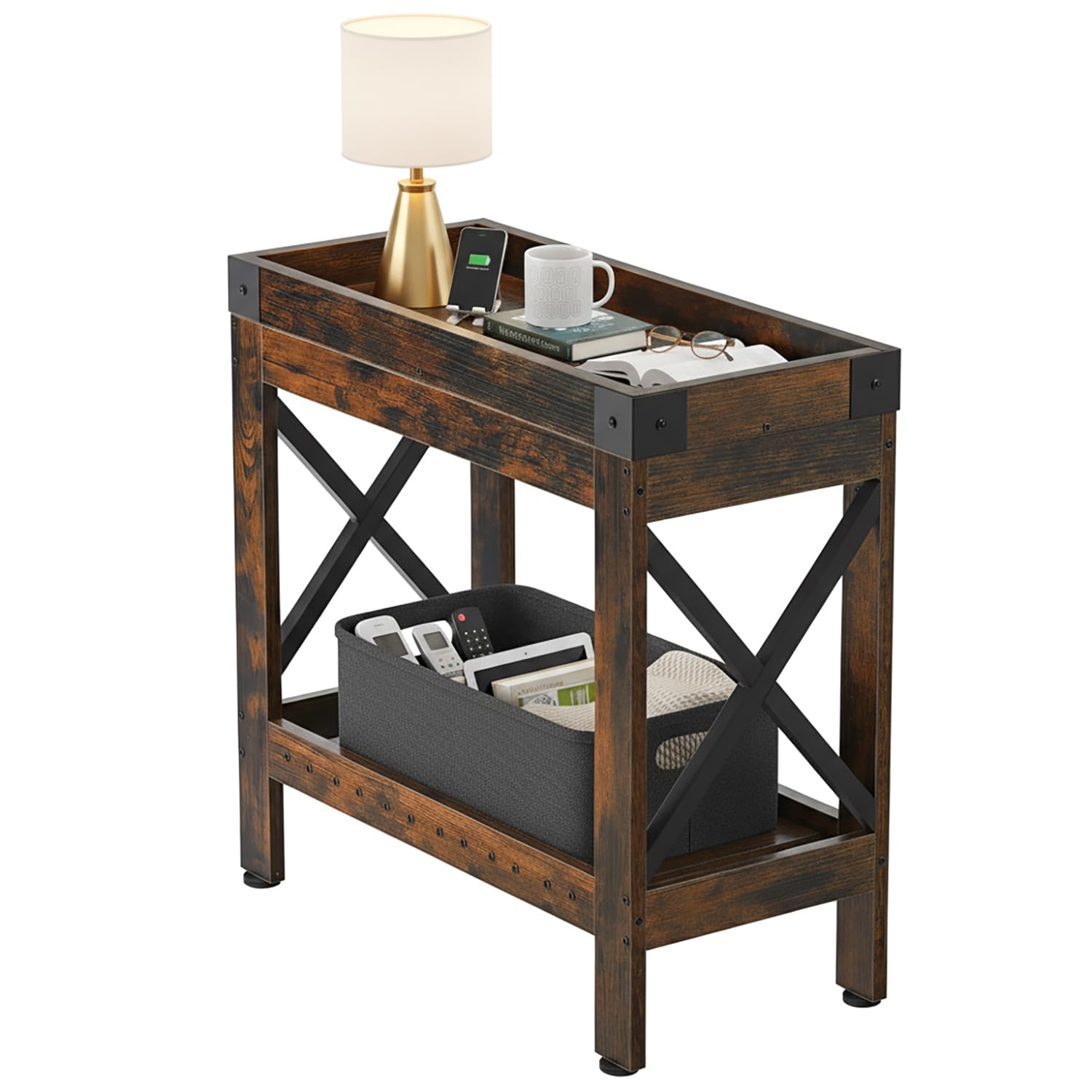 ZEXVIDA Narrow Side Table, End Table,Sofa Side Table, End Table Nightstand for Bedroom, Living Room, Small Spaces (Rustic Brown)