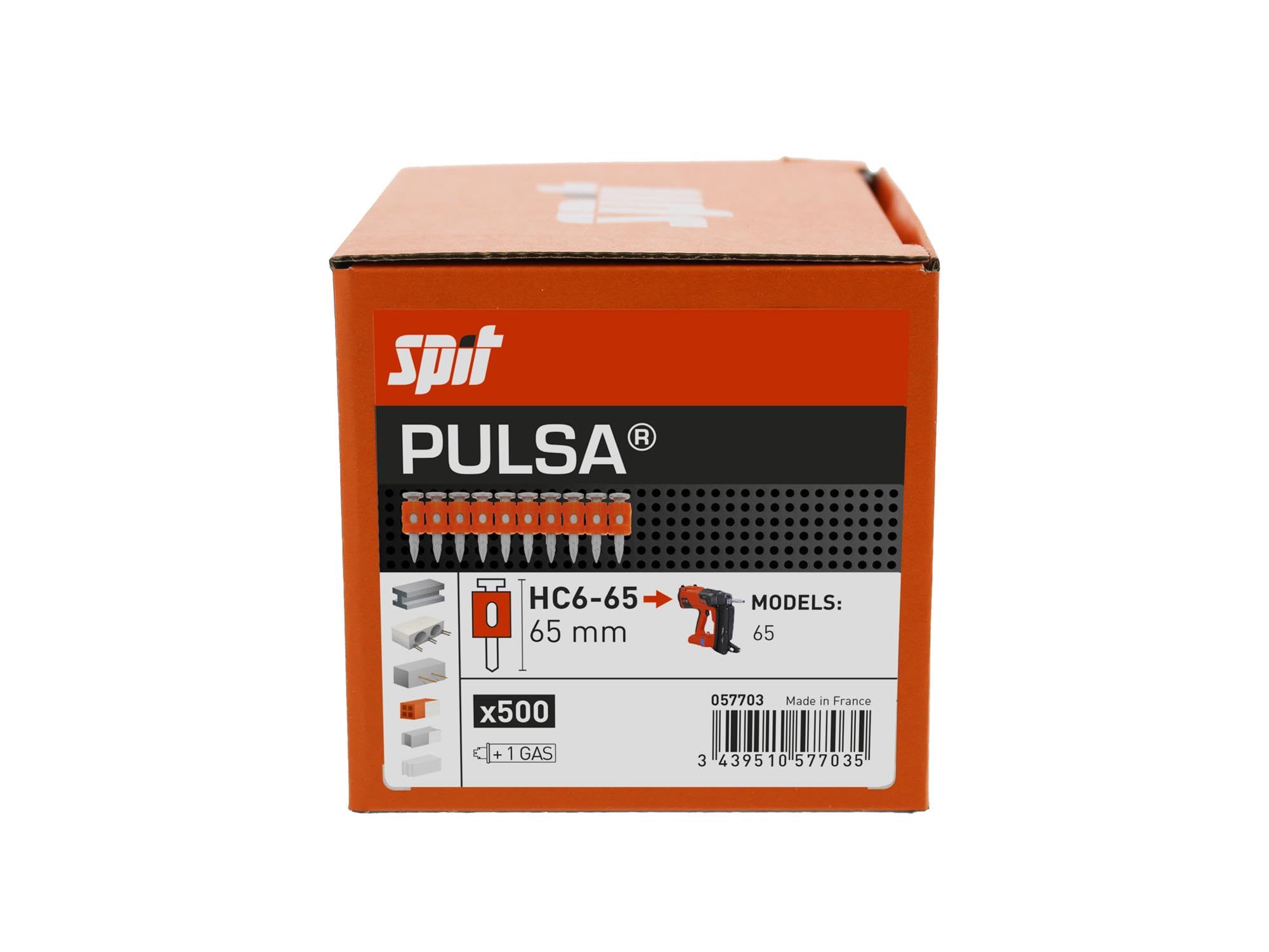 Spit High Performance Steel Nails - Pre Compressed & Hard Concrete - Gas Canisters - Pulsa 65 (Hc6-65 65Mm)