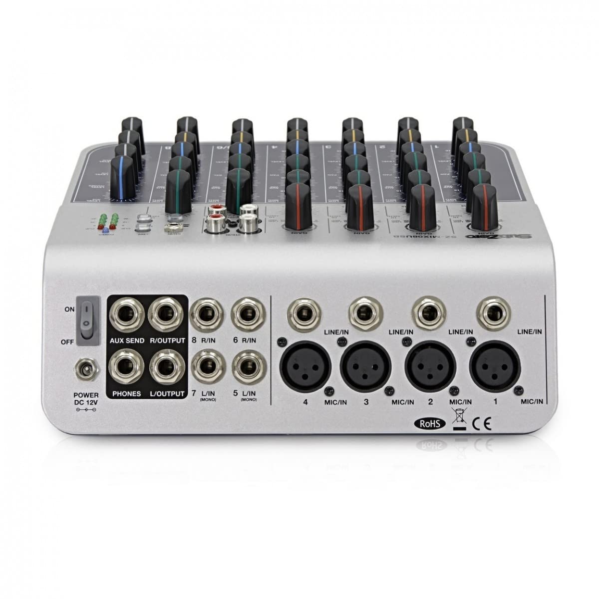 SubZero Mixer audio compatto a 8 canali con USB | Mixer compatto 8 canali per concerti, registrazione domestica o DJ, 4 ingressi XLR con alimentazione phantom, EQ 2 bande