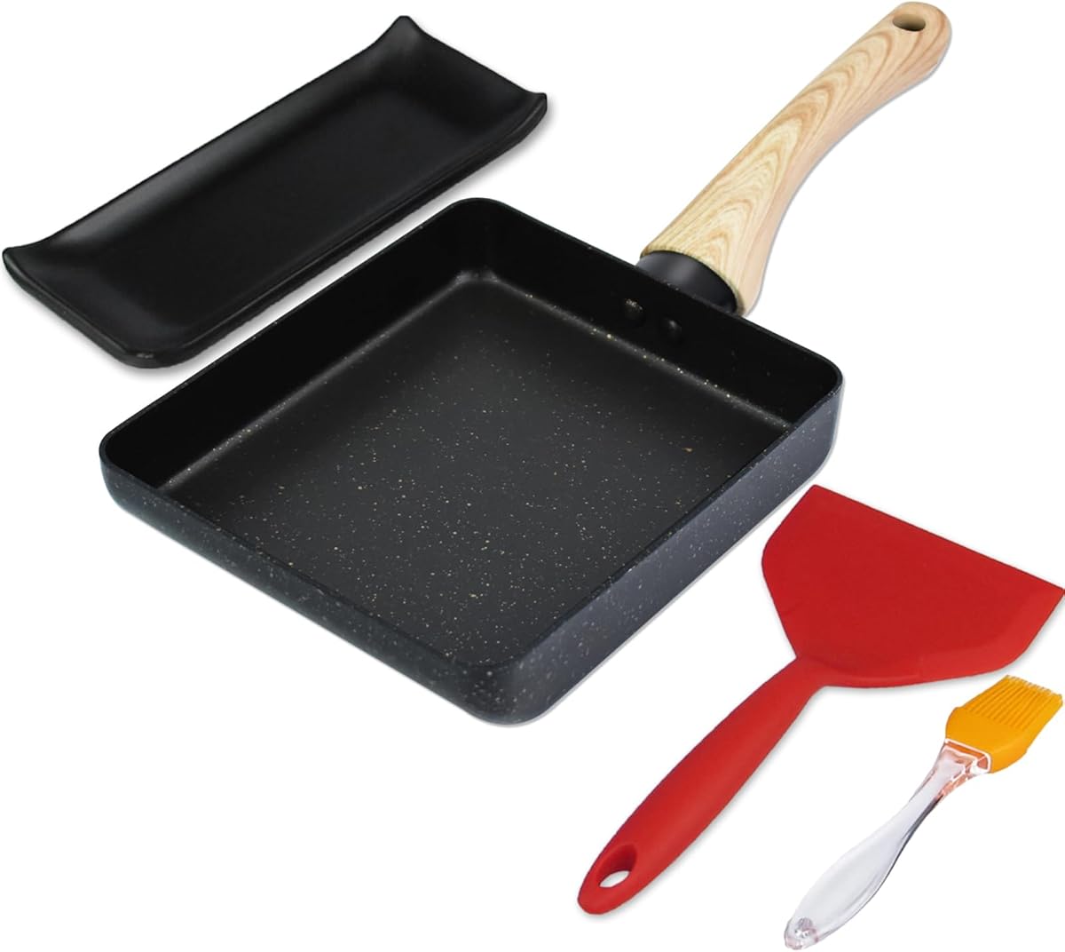 Artcome Japanese Omelette Pan Non-Stick Coating Tamagoyaki Egg Pan Rectangle Mini Frying Pan, with Silicone Spatula & Brush, Black Plate and Magic Sponge Eraser, 7" x 6" (Black)