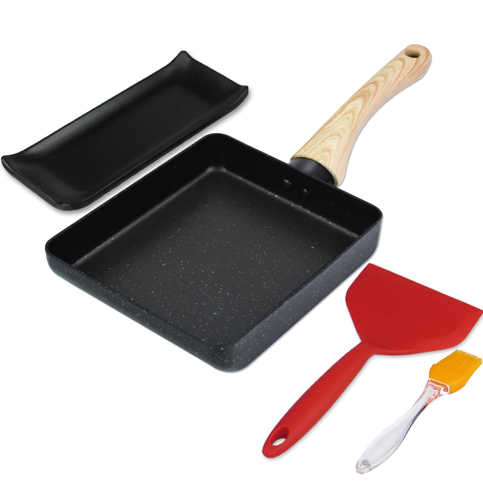 Artcome Poêle à omelette japonaise avec revêtement anti-adhésif Tamagoyaki avec assiette Tamagoyaki, spatule et brosse en silicone, 17,8 x 15,2 cm (noir)