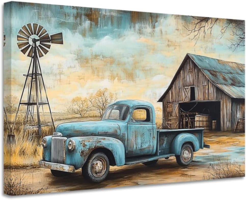 CGXLB Blue Truck Wall Art Farmhouse Canvas Windmill Painting Rustic Country Decor Framed Rural Artwork for Living Room 16"x24"