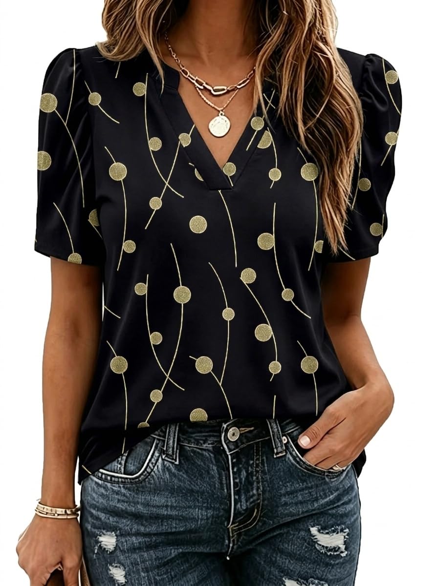 Zeagoo Women Blouses Puff Short Sleeve Tops V Neck Dressy Casual Spring Shirts Boho Floral Cute Clothes 2026