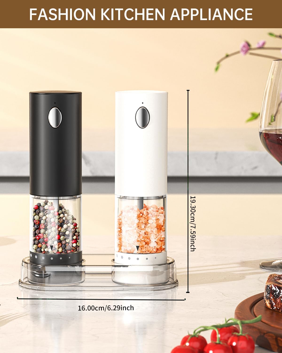 CIRCLE JOY Electric Salt and Pepper Grinder Set Rechargeable Salt and Pepper Mills with 6-Level External Adjustable Coarseness, White LED Light and Storage Base, Black & White