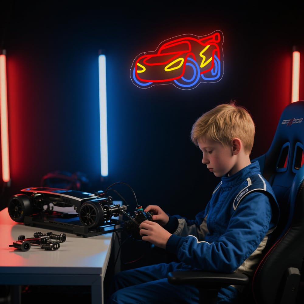Auto Panneau Néon, Panneau LED Voiture de Course pour la Décoration Murale,Lumière Néon Cool pour la Chambre à Coucher des Adolescents, Enfants, Garçons et Hommes, Salle de Jeux