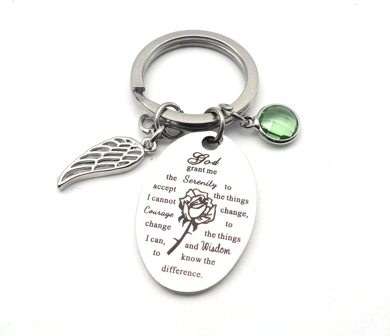 "God Grant Me The Serenity to Accept The ." Bible Verse Prayer Keychain with Free Chain Christian Jewelry Stainless Steel Praying Rose Diamond Pendant Key Ring