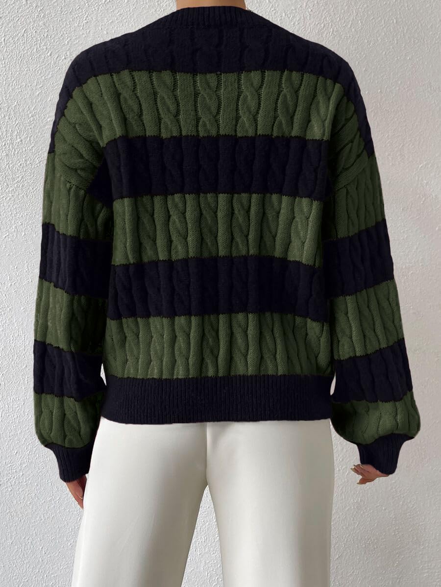 LIGHT DOT Damen-Winterpullover, größenverstellbar, Zopfmuster, V-Ausschnitt, langärmelig, lässig, lockerer Pullover, Farbblock-Streifen