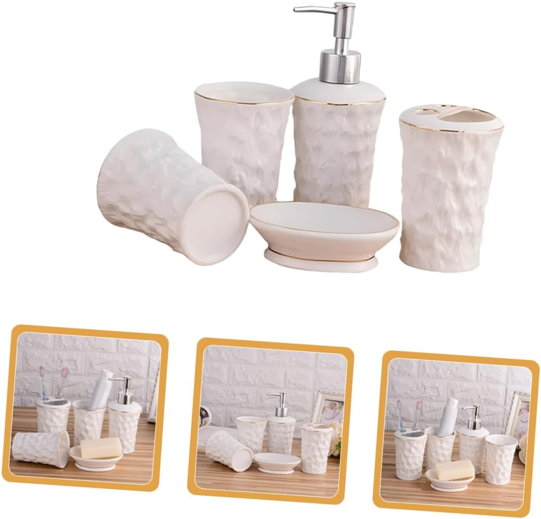 5-Piece Luxury Bathroom Accessories Set Ceramic Toothbrush Holder Soap Dispenser Soap Dish Lotion Pump and Tumbler Textured Bark Trim for Countertop Organization