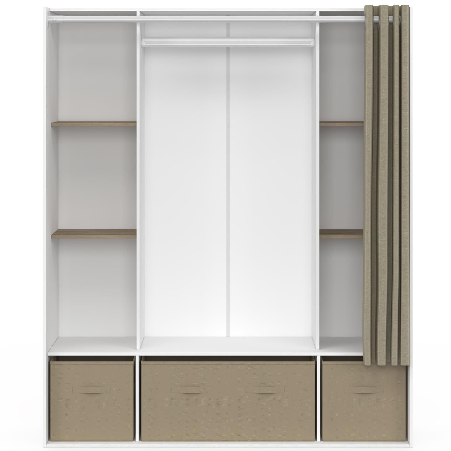 IDMarket - Dressing double penderie DIANE 140 x 45 x 167 cm blanc avec étagères + boites de rangement + rideau taupe