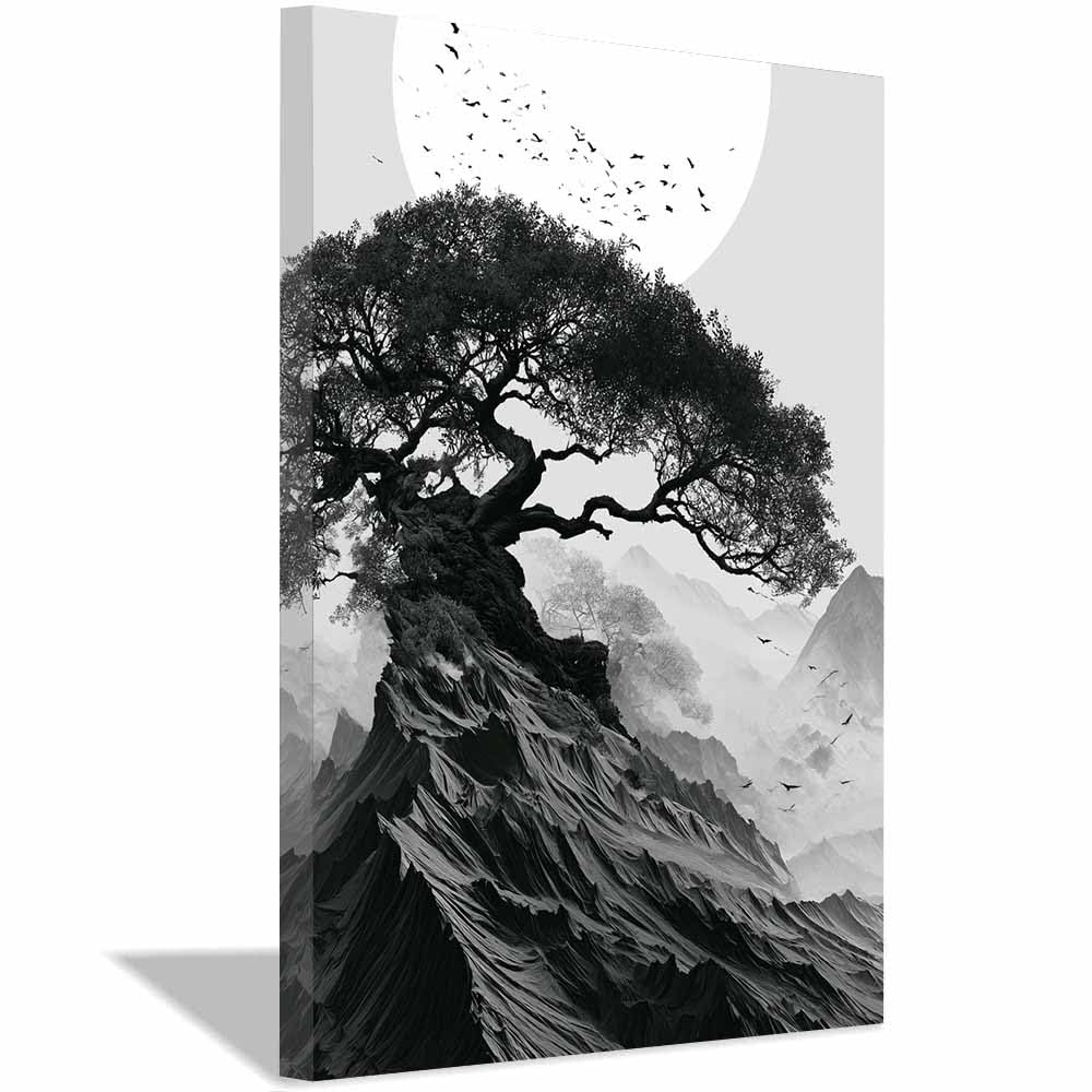 XENIOU Black And White Posters Mountain Tree Moon Birds prints for walls, decorative paintings for Living Room Bedroom Home Decoration(Multicolor)-60x90cm Framed