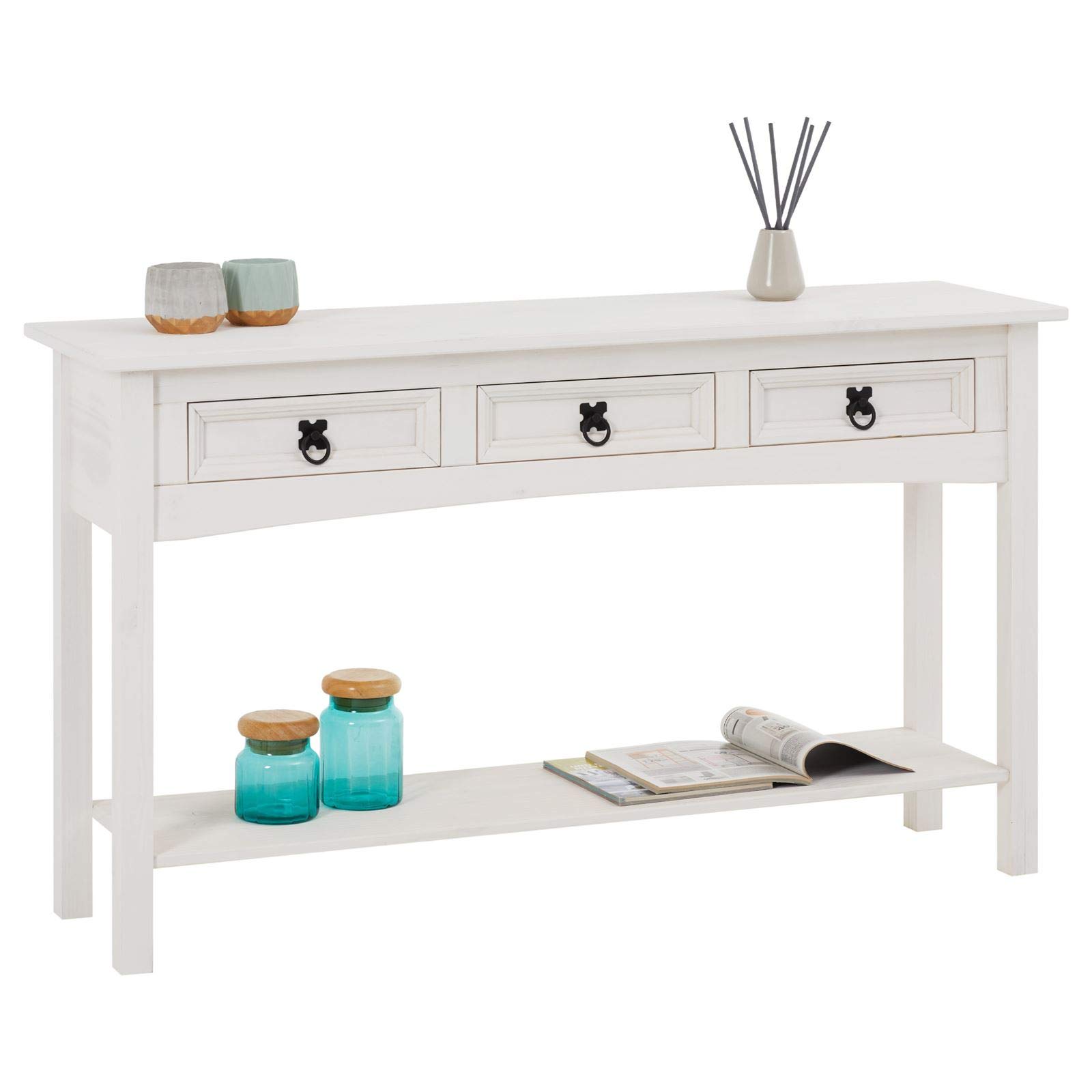 IDIMEX Console Rural Meuble Style Mexicain avec 3 Tiroirs et 1 Étagère, Table Console Blanche Fabriquée en Pin Massif, Poignées en Métal, Finition Lasurée Blanche