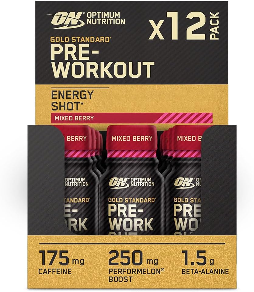 Optimum Nutrition Gold Standard Pre-Workout Energy Shot, Ready to Drink Food Supplement with Beta Alanine, Caffeine, PerforMelon Boost and Vitamin B6 and B12, Mixed Berry Flavour, 12-Pack, 12 x 60 ml