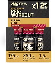 Optimum Nutrition Gold Standard Pre-Workout Energy Shot, Ready to Drink Food Supplement with Beta Alanine, Caffeine, PerforMelon Boost and Vitamin B6 and B12, Mixed Berry Flavour, 12-Pack, 12 x 60 ml