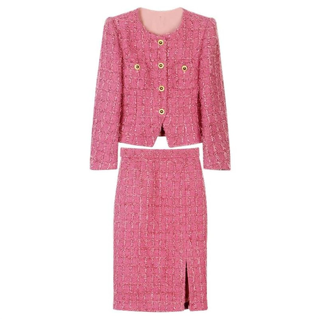 Women Tweed Jacket and Skirt Set Round Neck Single Breasted Elegant Suit Chic Two Piece Outfit