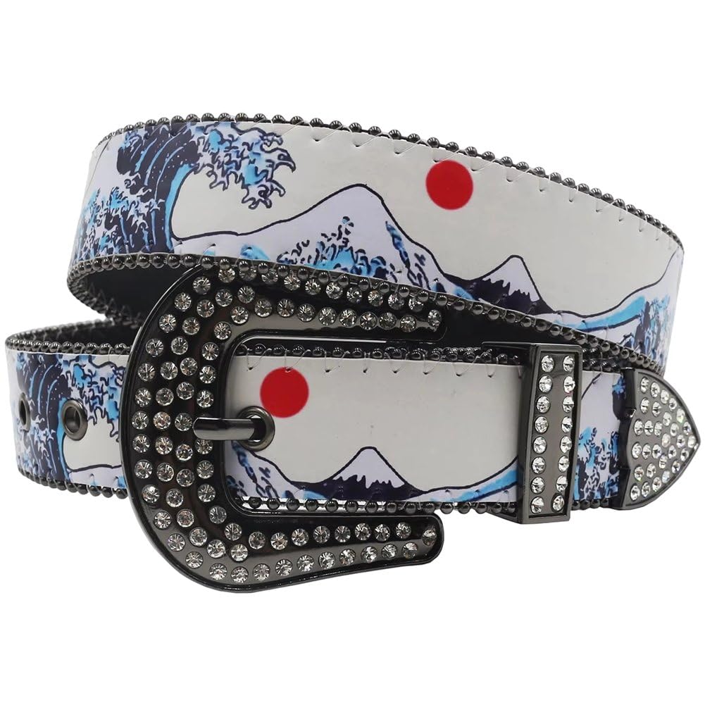 Ceinture en cuir à imprimé vagues japonaises Y2K style punk pour pantalon