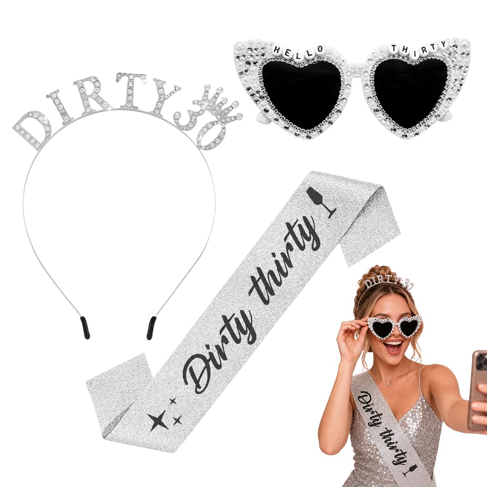 3Pcs 30th Birthday Party Decorations Set, Tiara Sash Heart Sunglasses