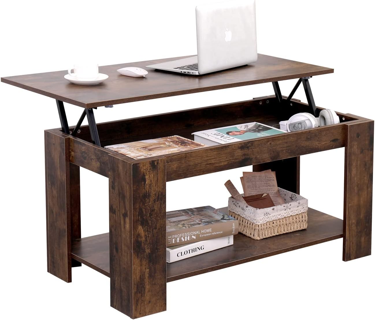 Coffee Table with Storage, Lift Up Coffee Table for Living Room, Wood Lifting Table Tea with Hidden Storage Shelf, Rectangular Lift-Top Sofa End Tea Table, Centre Table, Rustic Brown