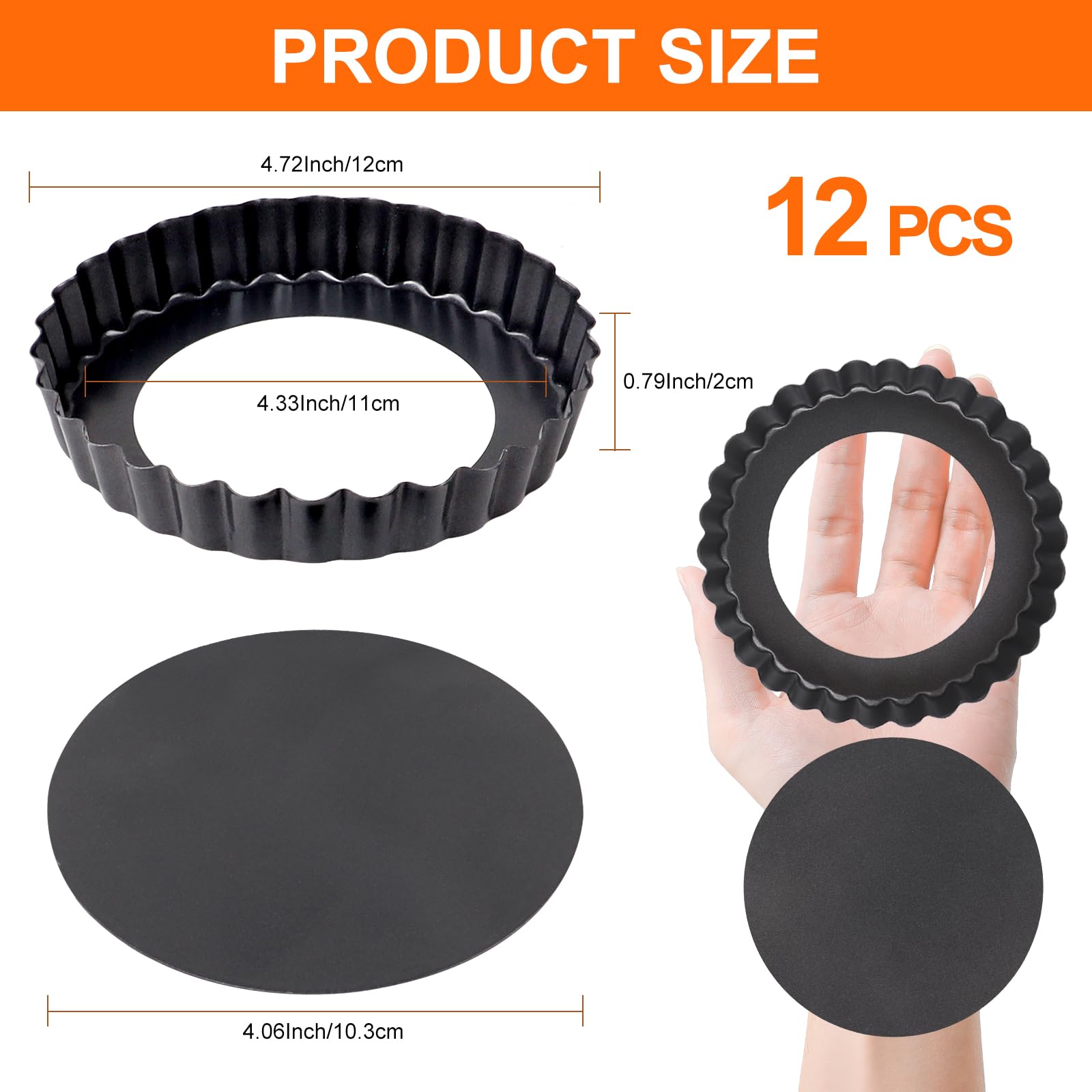 12 Pezzi 12 cm Stampo Crostata Con Fondo Removibile,Rivestimento Antiaderente Piccolo Teglia Crostata Fondo Removibile, Set Rotondo Stampo Per Crostata Per Torte, Muffin(4.7 Pollici-Nero)