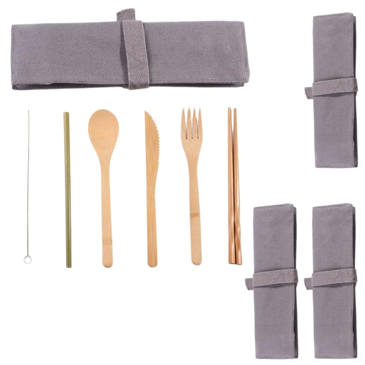 Cucchiai E Forchette Di Legno Set Di Posate Portatili Da Esterno In Bambù Coltello Forchetta Cucchiaio Bacchette Con Sacchetto In Tela Di Paglia Grigio 4 Set
