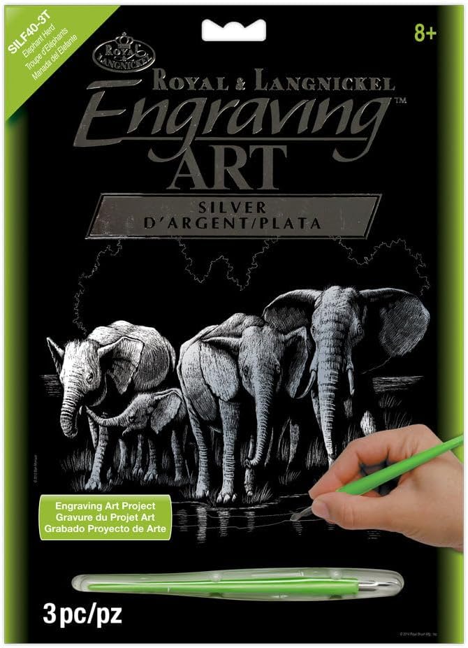 Royal Brush Silver Foil Engraving Art Kit 8"X10"-Elephant Herd
