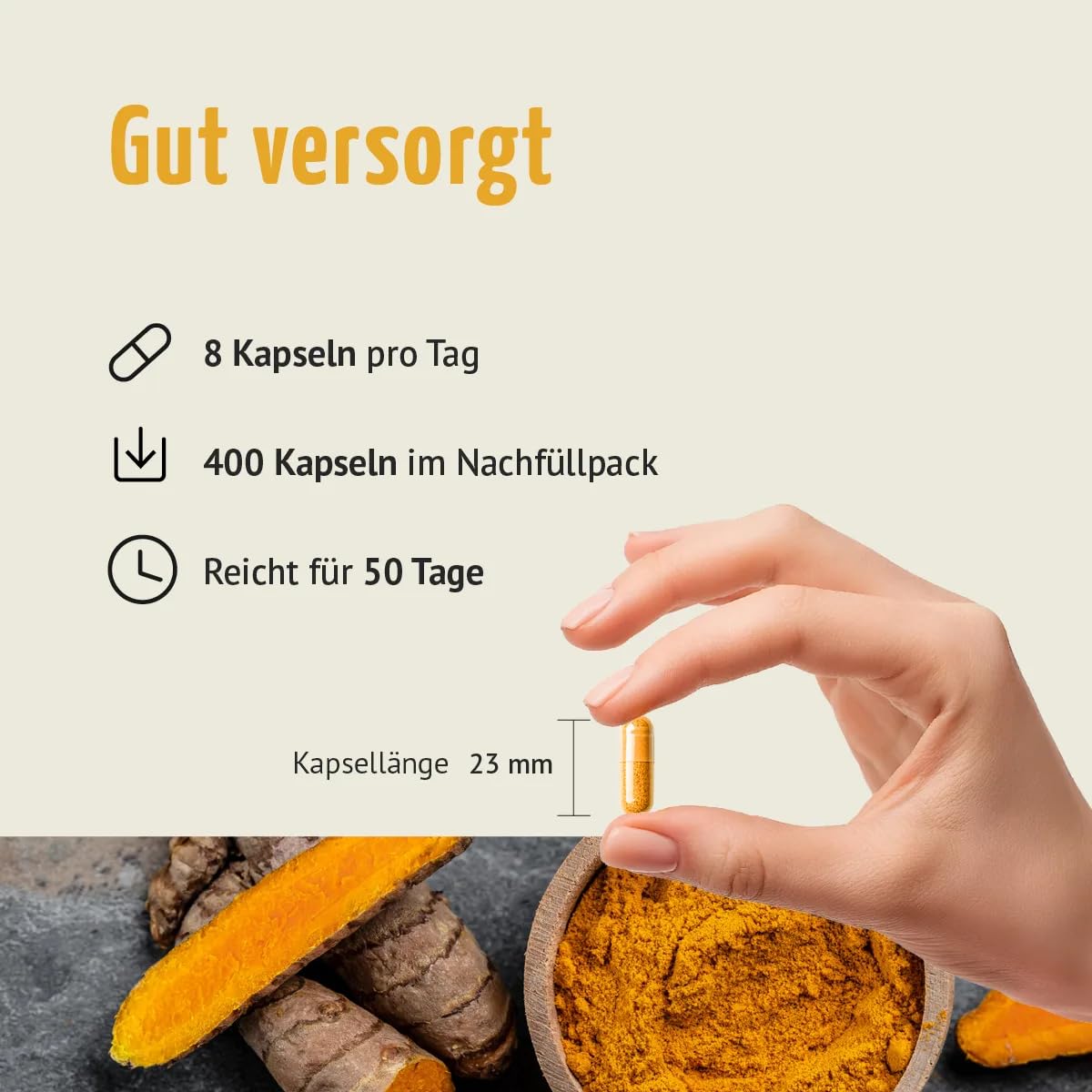 Capsule di curcuma biologiche in confezione di ricarica | 400 pezzi | 4800 mg di curcuma per dose giornaliera | radice di curcuma appena macinata di qualità biologica | vom Achterhof