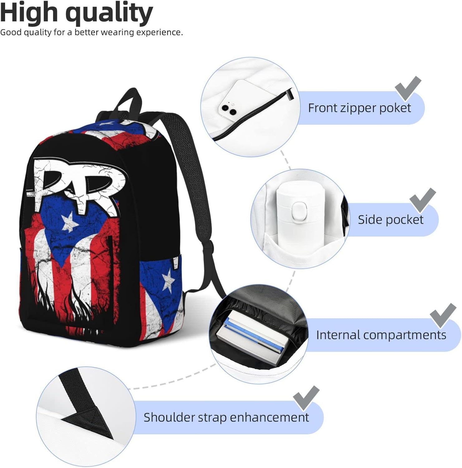 Puerto Rico Pr Flag Backpack with Adjustable Straps, Suitable for Travel Picnics Activities - Image 5