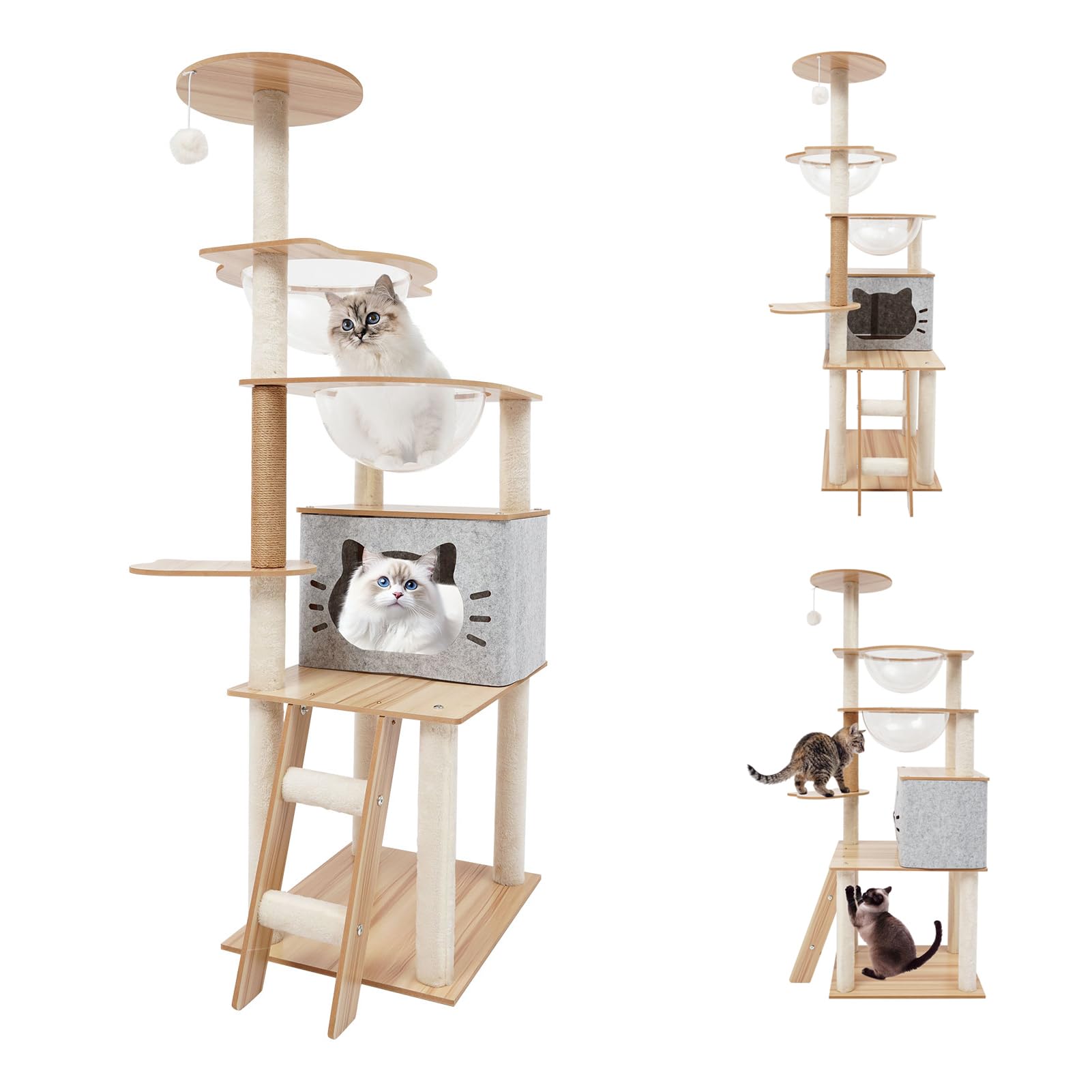 Rascador de madera, moderno árbol rascador para gatos con cueva para gatos, 50 × 40 × 135 cm, rascador para gatos grandes, estable, para 3-4 gatos pequeños y grandes, hasta 10 kg, gris