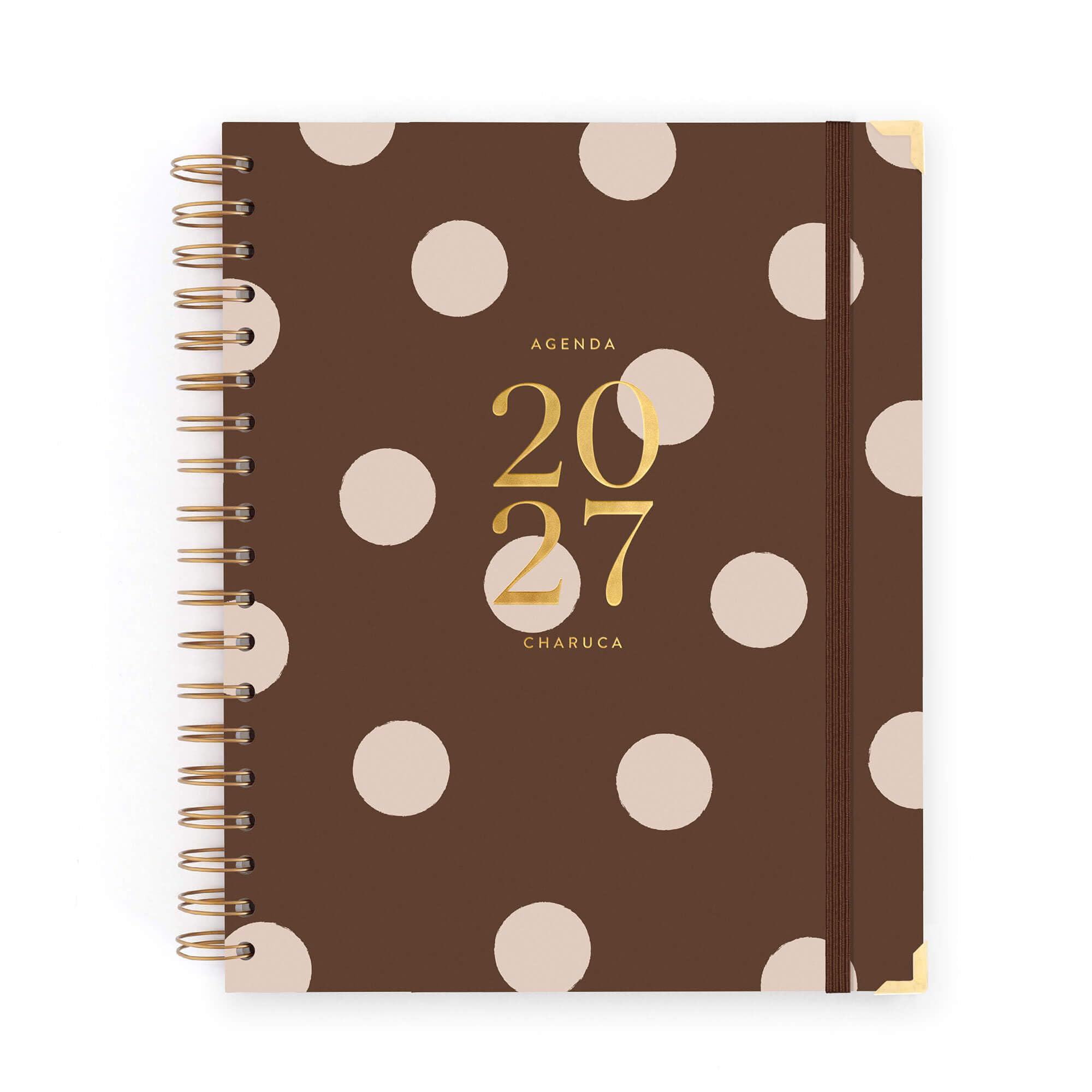 Agenda Charuca 2027 Anual VISTA SEMANAL - Tamaño A4 GRANDE - Tapa Dura con Detalles Dorados - Incluye BOLSA de Tela PROTECTORA y Marcapáginas - Hecho en España (Chocolate Love)