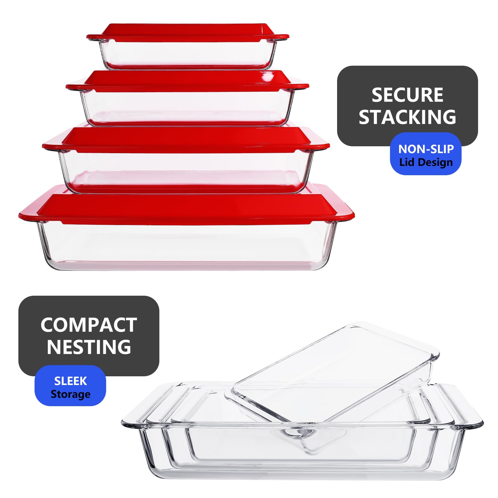 Set di 4 teglie da forno in vetro con coperchio, set di pirofile rettangolari, 1 l, 1,7 l, 2,8 l, 4,2 l, set da forno in vetro trasparente, per cucina, casa, ristorante, hotel, forno lavabile in