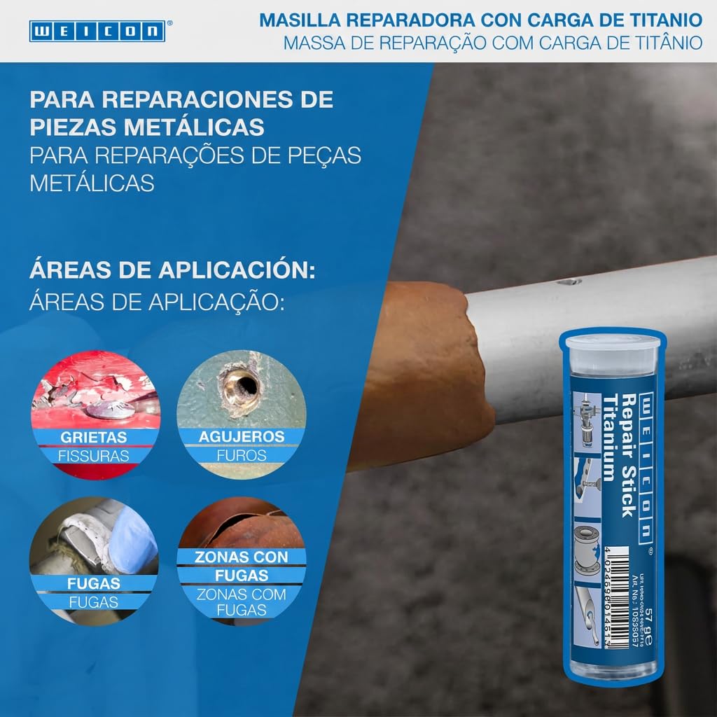 WEICON Masilla Reparadora Titanio | 57 g | De 2 Componentes |Sistema de resina epoxi resistente al desgaste y altas temperaturas