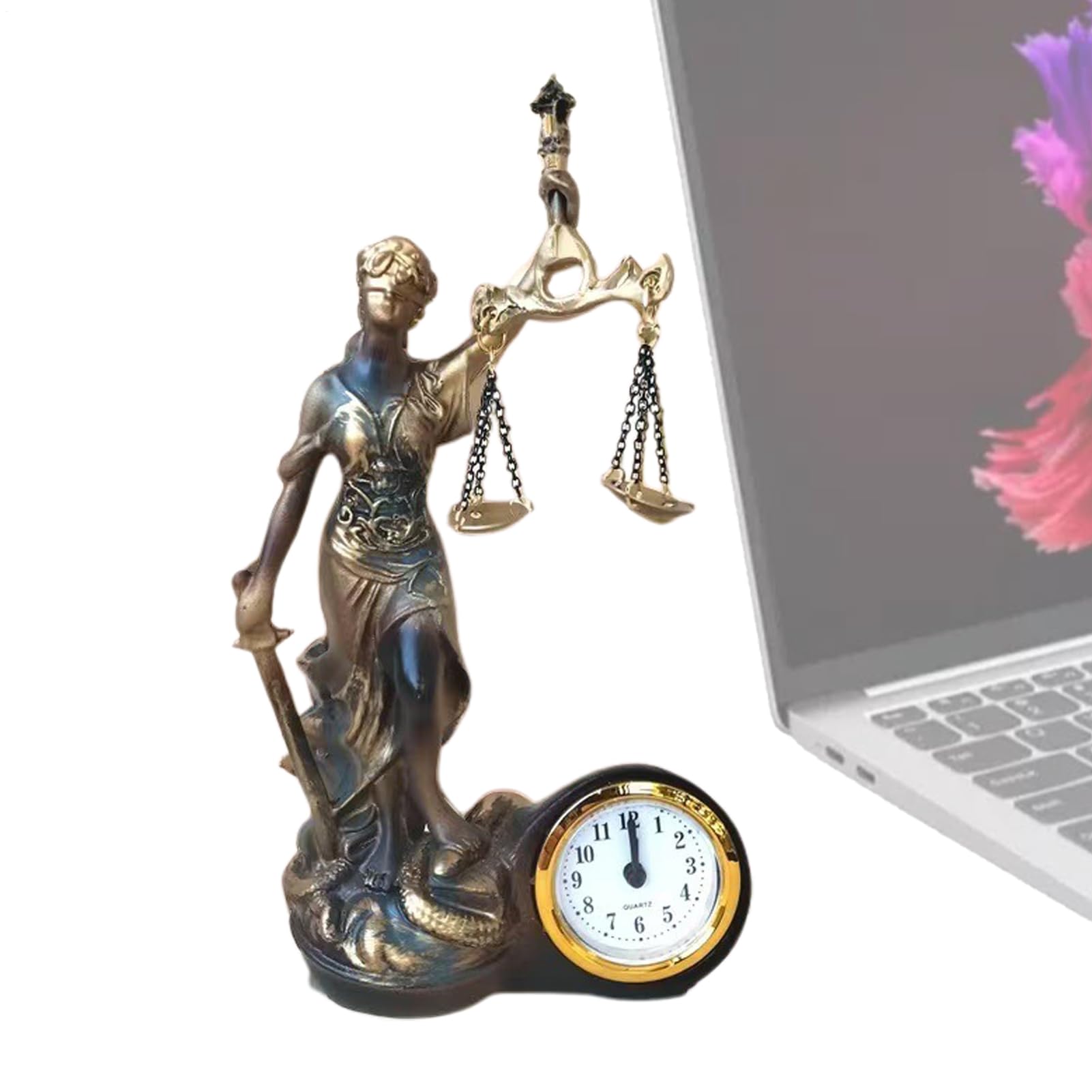 Figurines Lady Justice en résine avec horloge de table élégante pour bureau