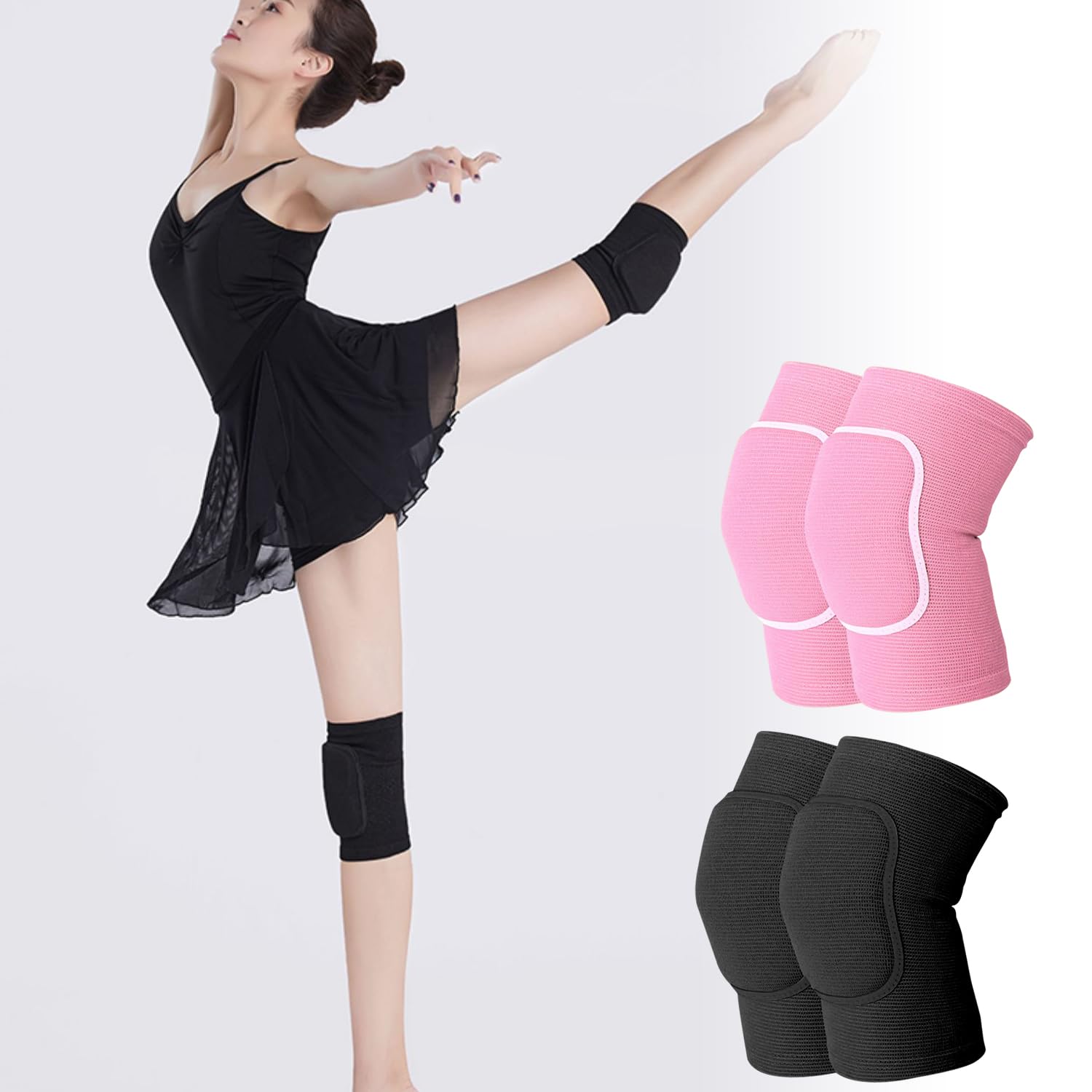 2 paia di ginocchiere per sport e danza in spugna, spugna addensata, legatura elastica, protezione per le ginocchia, accessori quotidiani per sportivi (rosa, nero)