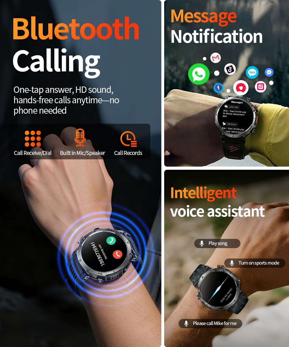 Military Smart Watch for Men, 1.7" HD Rugged Smartwatch with GPS, Bluetooth Call, 100+ Sports Modes, Heart Rate Blood Pressure Sleep Monitor, IP68 Waterproof Fitness Tracker (Black Band) image 5