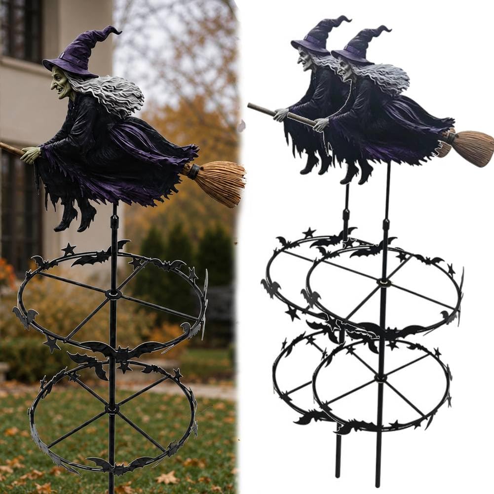 The Enchanted Witch Garden Wind Spinner,2D Metal Halloween Yard Art Outdoor Decor,Flying Witch & Bat Design,Outdoor Garden StakeDecoration,Halloween DecorationsOutdoor for Lawn Ornament Patio Pathway