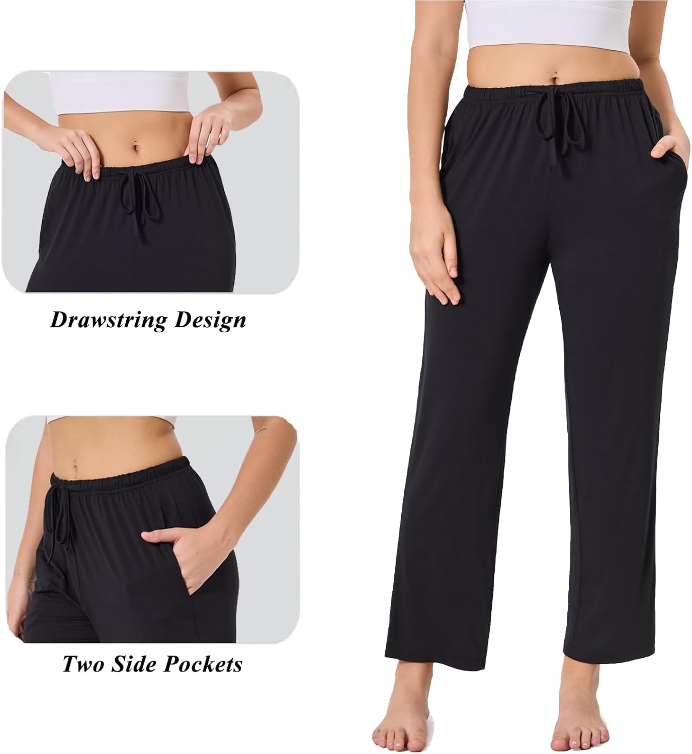 Women's Petite Pajama Pants Bamboo Viscose Pj Bottoms with Pockets Soft Lightweight Sleep Pant Drawstring Lounge Bottom