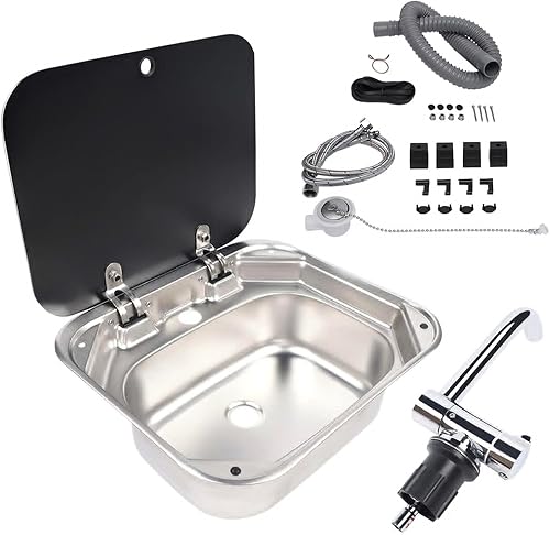 Fregadero de cocina RV de acero inoxidable, lavabo de mano con grifo y tapa de vidrio templado, lavabo para caravana