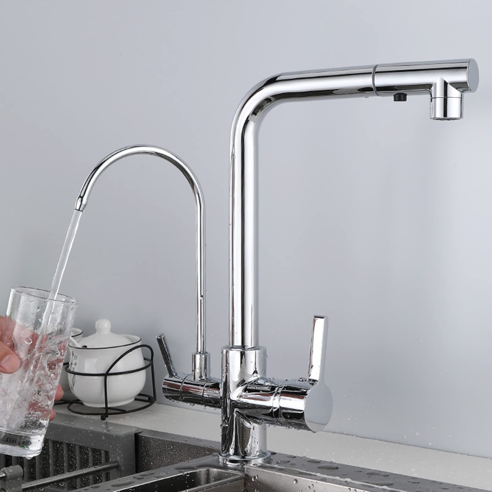 3 Way Kitchen tap Brass with Pull Out Spray Swivel Multifunction 3 in 1 Water Purifier Faucet Black (Chrome Plated A)