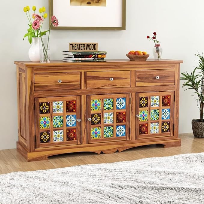 Image of Sheesham Wood Sideboard and Cabinets | Wooden Side Board Tv Cabinet with Multicolor Tiles for Living Room | Free Standing Buffet Cabinet with 3 Drawers & 3 Door Storage | Natural Finish