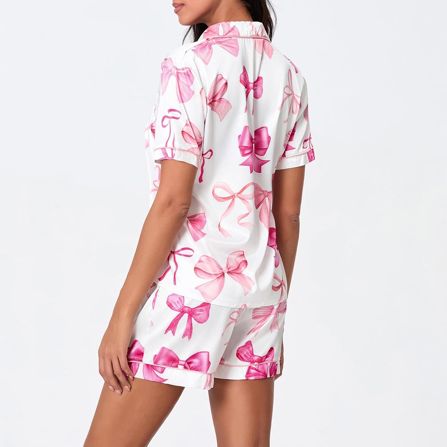 Womens Pajama Sets Y2K Bow Print Short Sleeve Button Down Shirts and Lounge Shorts Sets 2 Piece Silk Pjs - Image 5
