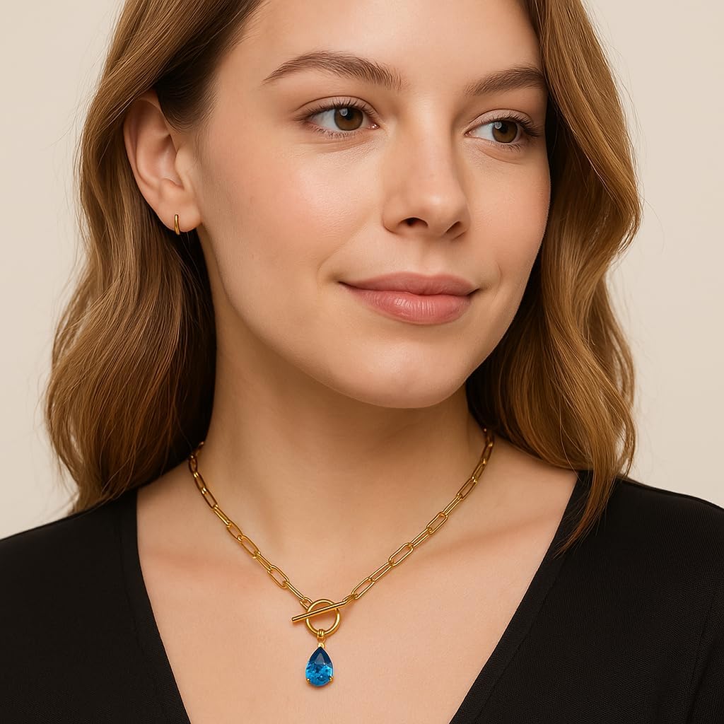 Paperclip Toggle Necklace 18K Gold Plating 8 * 10mm Teardrop Cut CZ Birthstone Pendant Paper Clip Chain Necklace Gemstone Crystal Jewelry Gift for Women