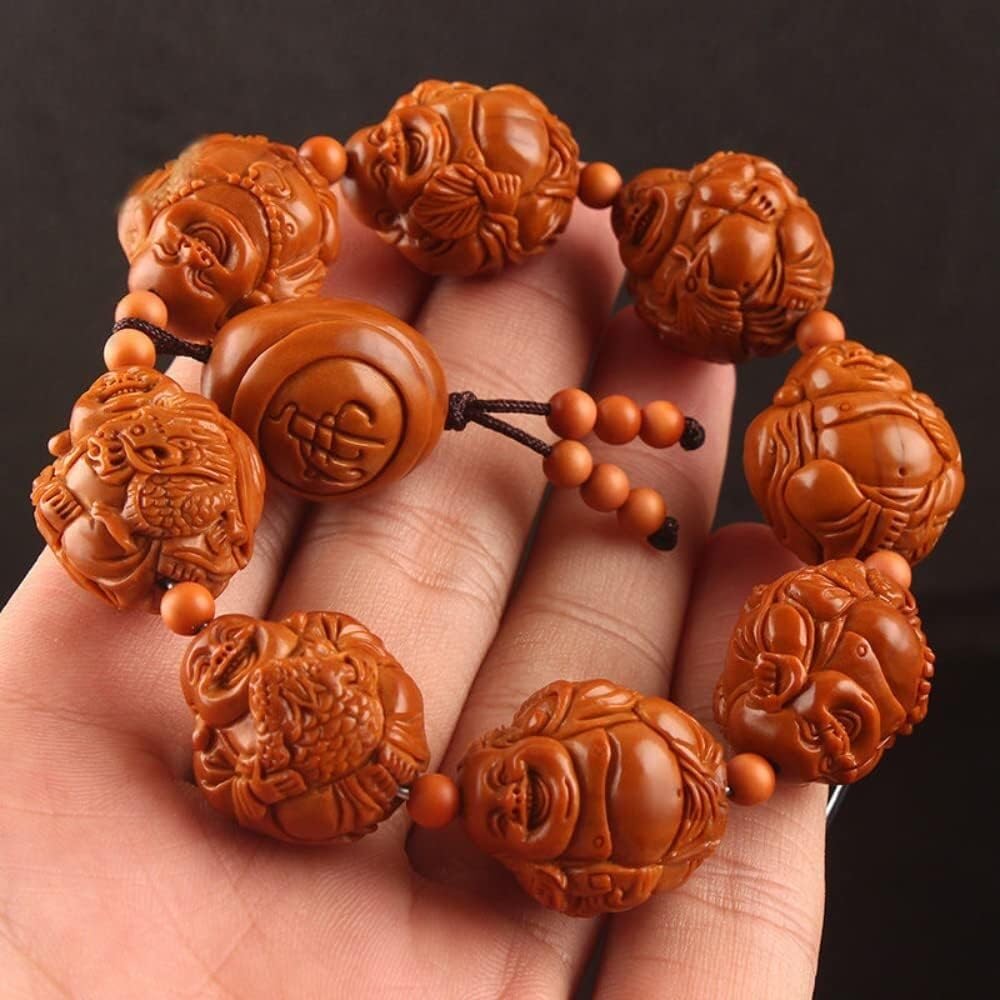 Bracciale con Nucleo d'ulivo, Braccialetto con Nucleo d'ulivo da 1,8 cm Bestia di Buon auspicio Intagliato a Mano Otto bracciali Maitreya, Legno, Nessuna Pietra preziosa