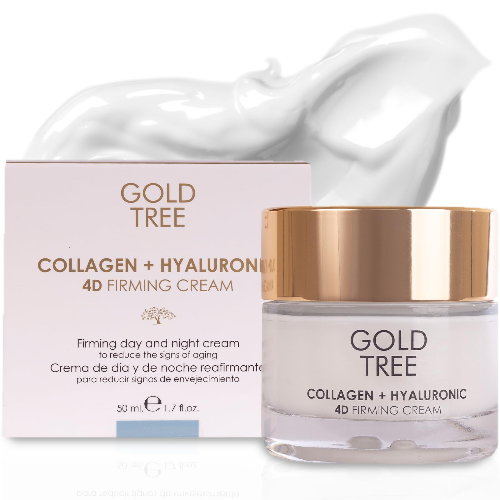 GOLD TREE Crema Antiarrugas Mujer Colágeno y Acido Hialuronico 50ml. Crema Facial Mujer Premium. Crema Antiarrugas Hombre Dia y Noche para Piel Joven. Crema Hidratante Facial Mujer. Crema Antiedad