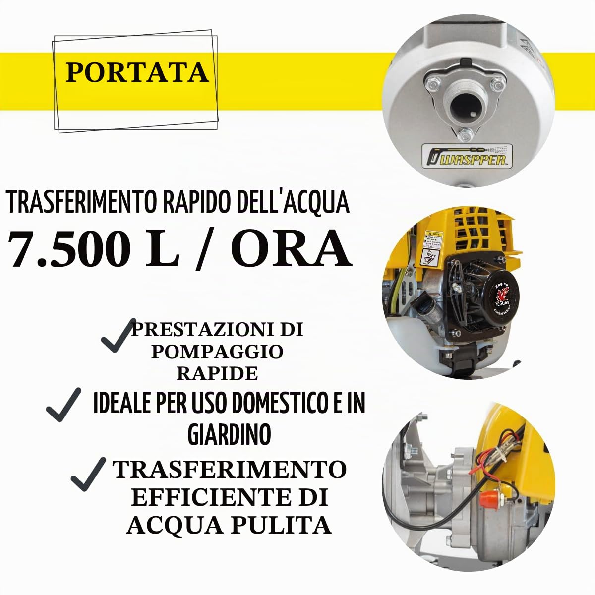 Pompa Acqua a Benzina 7500 L/h, Motopompa per Acqua Pulita con Prevalenza 35 m e Aspirazione 8,5 m, Motore 4 Tempi 1 HP, Pompa Portatile per Irrigazione Giardino e Svuotamento Cantine – Waspper PC107