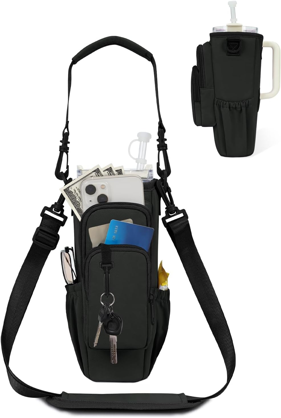 Water Bottle Carrier Bag with Phone Pocket for 30oz 40oz Tumbler with Handle Accessories Insulated Water Bottle Holder Pouch with Strap Crossbody with Straw Cover