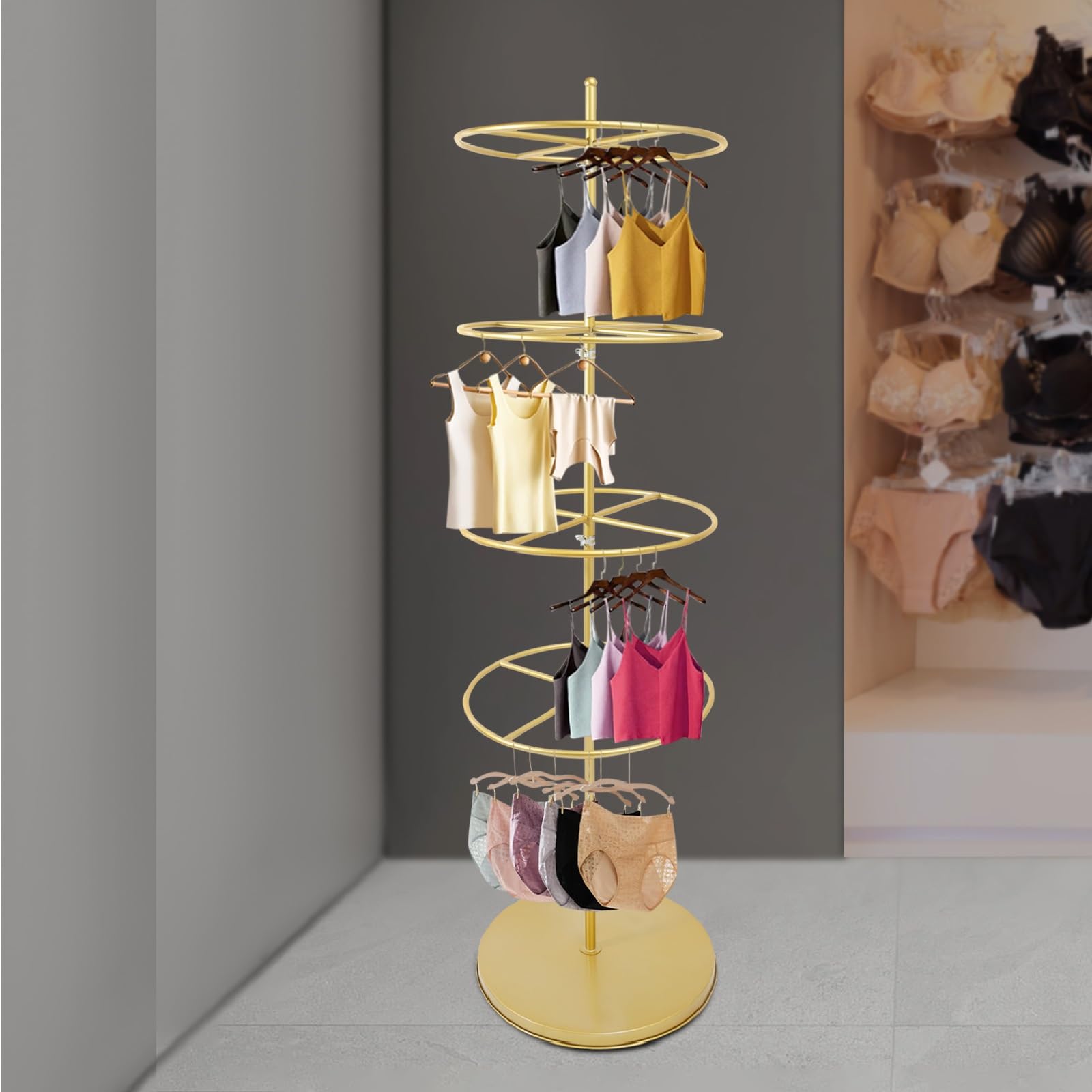 NeNchengLi 4 Tier Rotating Clothes Rack Gold Round Garment Rack, Rotatable Display Rack for Underwear, Shorts, Socks, Bra, Retail Rotating Clothing