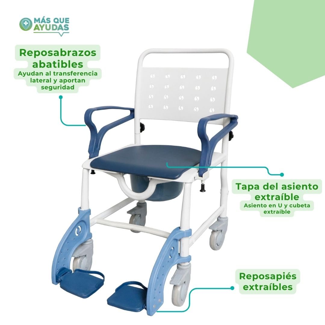 Silla de Ducha con Ruedas 3 en 1, Silla de Inodoro y Transporte para Personas Mayores, con Cubeta Extraíble, Reposapiés y Reposabrazos Abatibles, Asiento Ergonómico